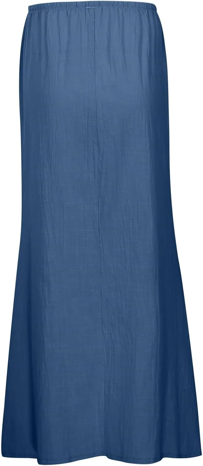 Womens Linen Maxi Skirts Drawstring Elastic High Waist A Line Casual Skirts Cute Vacation Boho Long Flowy Summer Skorts