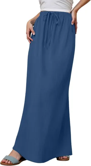 Womens Linen Maxi Skirts Drawstring Elastic High Waist A Line Casual Skirts Cute Vacation Boho Long Flowy Summer Skorts