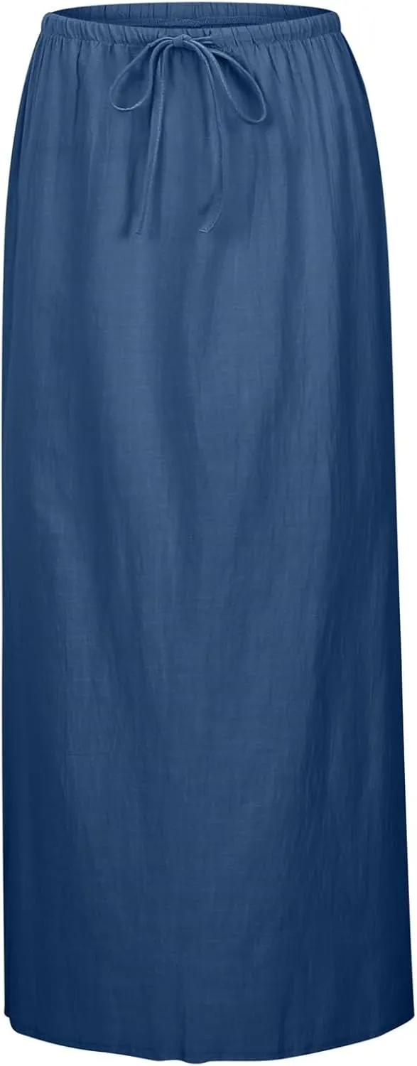 Womens Linen Maxi Skirts Drawstring Elastic High Waist A Line Casual Skirts Cute Vacation Boho Long Flowy Summer Skorts