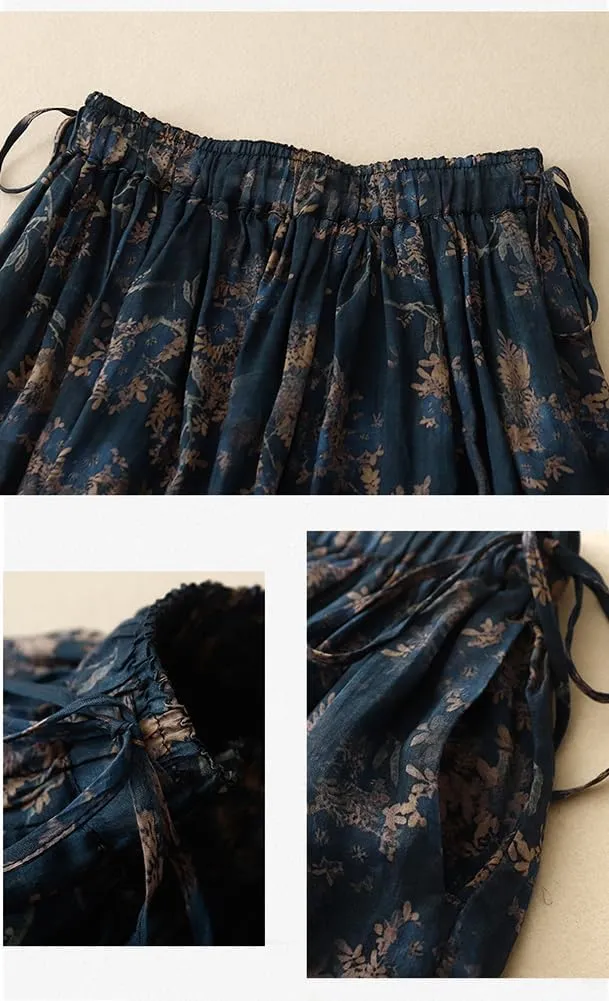 Womens Linen Skirts Summer Print Pleated Tulle A Line Midi Skirt Elastic High Waisted with Pockets