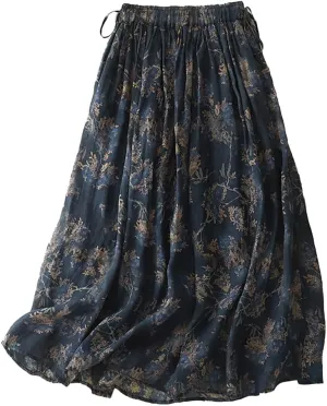 Womens Linen Skirts Summer Print Pleated Tulle A Line Midi Skirt Elastic High Waisted with Pockets