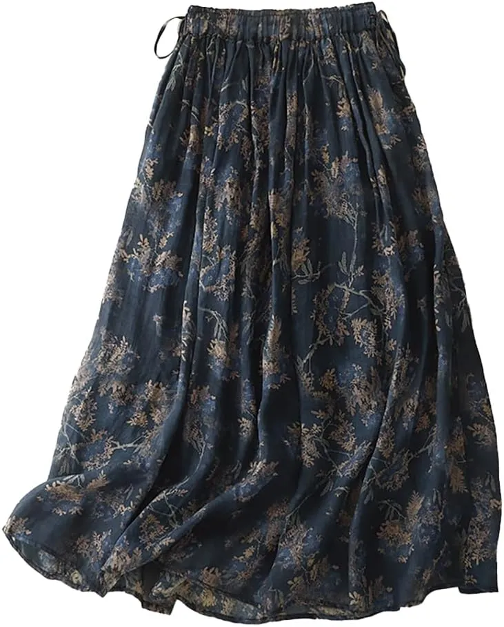 Womens Linen Skirts Summer Print Pleated Tulle A Line Midi Skirt Elastic High Waisted with Pockets