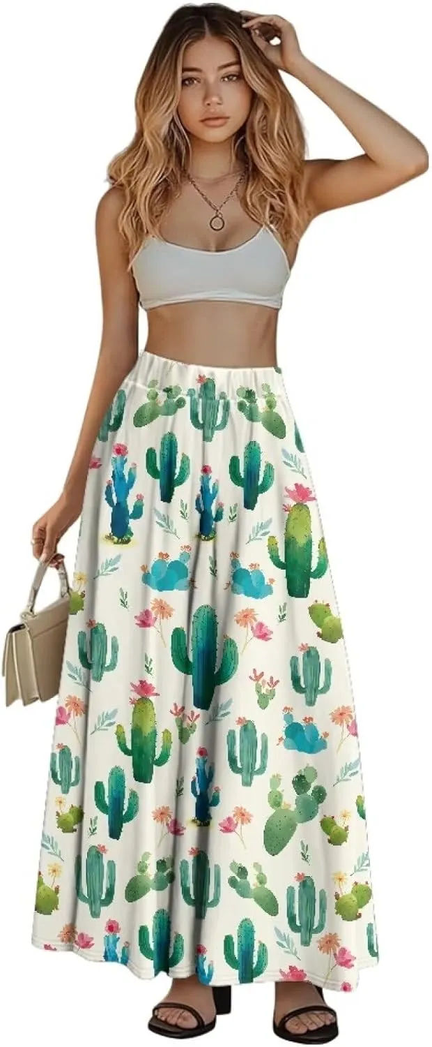 Womens Long Skirt Pleated Swing Party Cocktail High Waist Skirts A-Line Ruffle Flared Maxi Skirts with Pockets