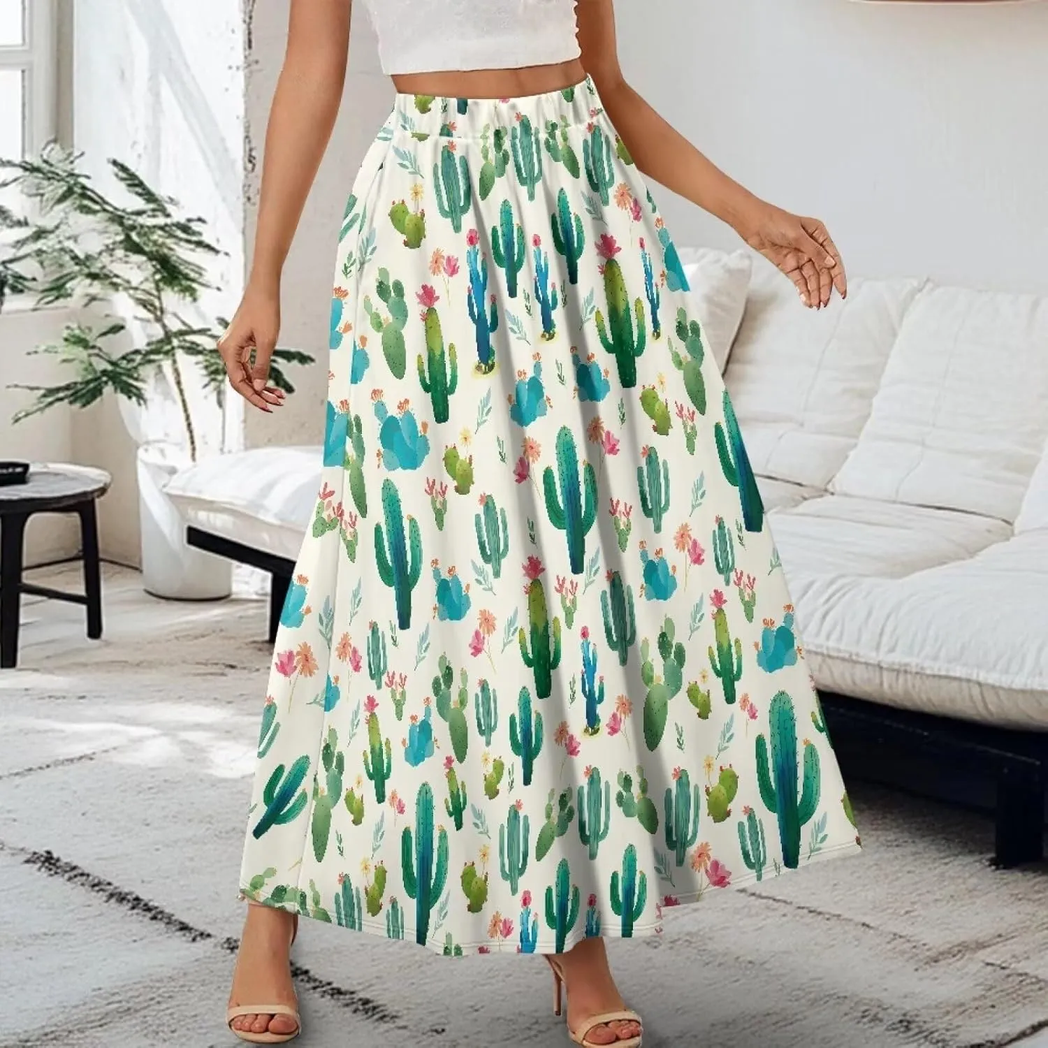 Womens Long Skirt Pleated Swing Party Cocktail High Waist Skirts A-Line Ruffle Flared Maxi Skirts with Pockets