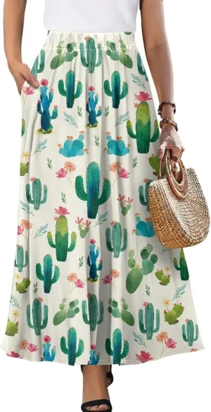 Womens Long Skirt Pleated Swing Party Cocktail High Waist Skirts A-Line Ruffle Flared Maxi Skirts with Pockets