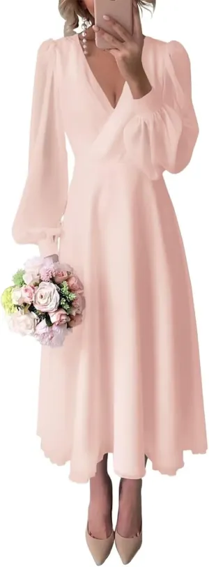 Women's Long Sleeve Wedding Dresses Chiffon V Neck Tea Length Bridal Gown for Brides