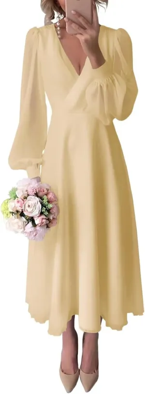 Women's Long Sleeve Wedding Dresses Chiffon V Neck Tea Length Bridal Gown for Brides