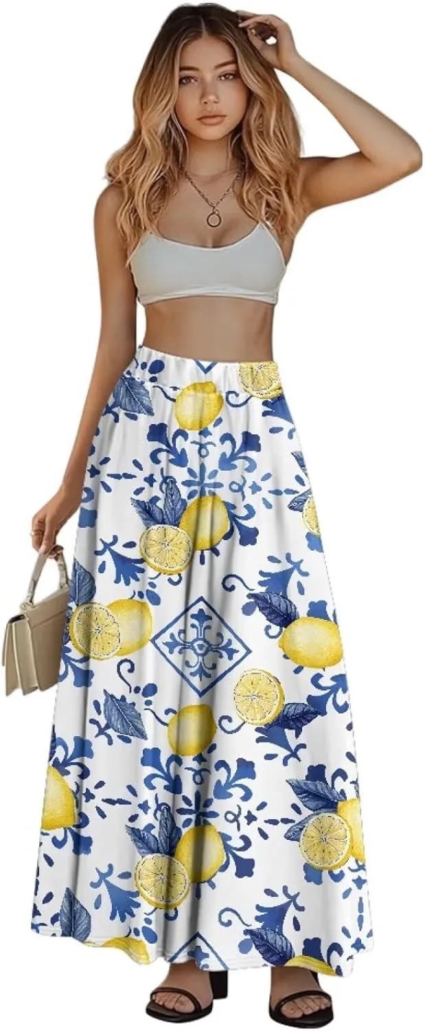 Women's Maxi Skirts Pleated High Waisted Casual Long Skirts Flowy High Waist Party Holiday Skirts with Pockets