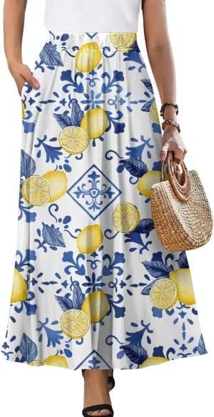 Women's Maxi Skirts Pleated High Waisted Casual Long Skirts Flowy High Waist Party Holiday Skirts with Pockets