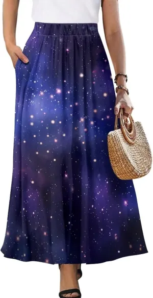 Women's Maxi Skirts Pleated High Waisted Casual Long Skirts Flowy High Waist Party Holiday Skirts with Pockets