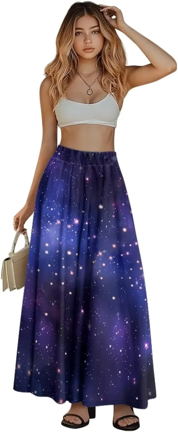 Women's Maxi Skirts Pleated High Waisted Casual Long Skirts Flowy High Waist Party Holiday Skirts with Pockets