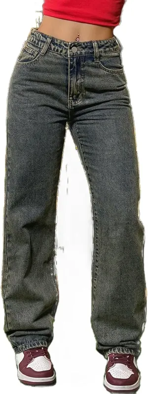 Women's Mid Waisted Straight Wide Leg Jeans Loose Fit Boyfriend Tummy Control Trendy Denim Pants with Pocket