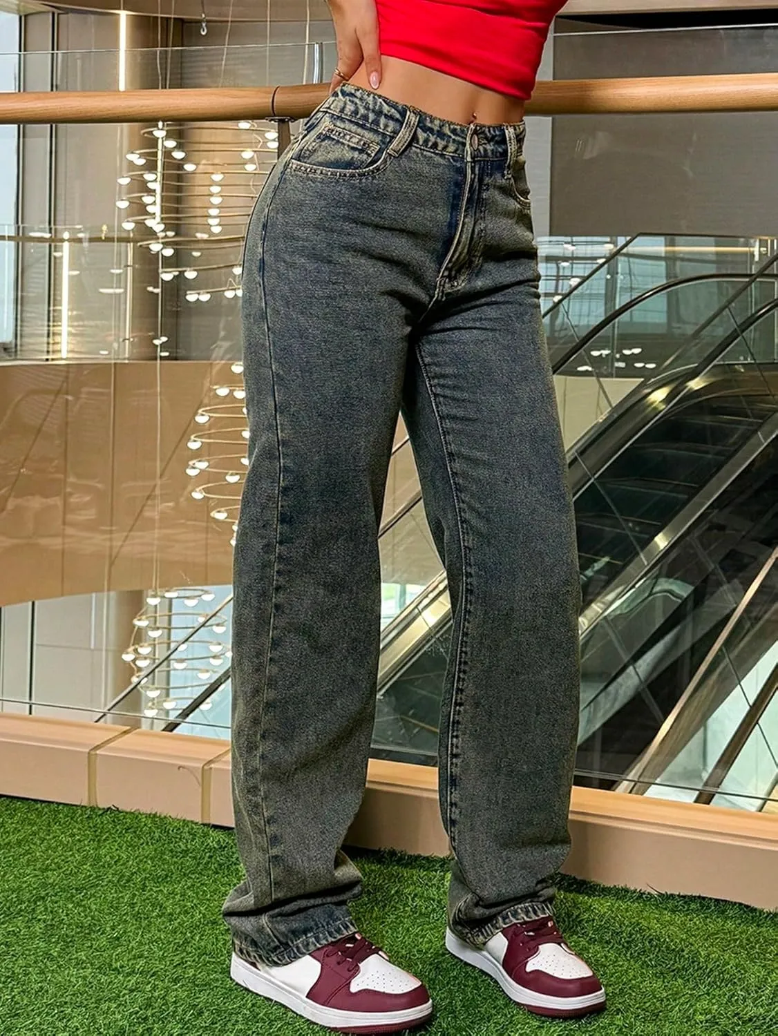 Women's Mid Waisted Straight Wide Leg Jeans Loose Fit Boyfriend Tummy Control Trendy Denim Pants with Pocket