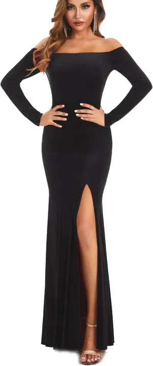 Women's Off Shoulder Velvet Prom Dresses Long Front Split Mermaid Evening Party Gown with Long Sleeves FYPD06