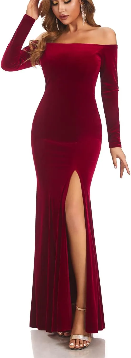 Women's Off Shoulder Velvet Prom Dresses Long Front Split Mermaid Evening Party Gown with Long Sleeves FYPD06