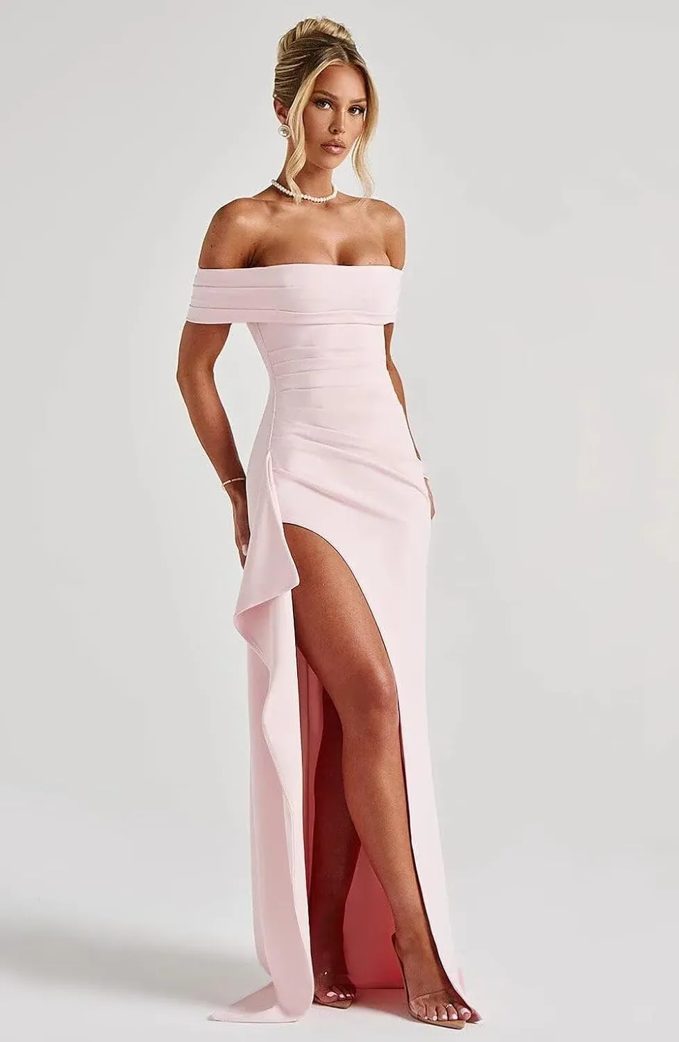 Women's Off The Shoulder Satin Ruffle Prom Dresses for Teens Long Mermaid Evening Cocktail Dress with Slit