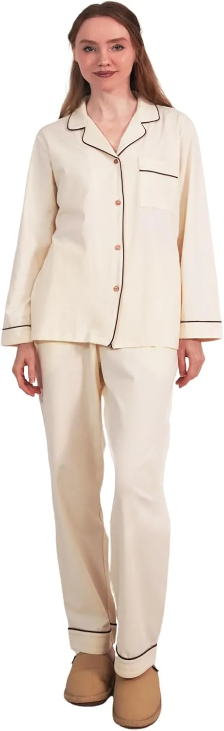 Womens Pajamas Sets Cotton 2 Piece PJs Lounge Sets Long Sleeve Button Down Notch Collar Soft Nightwear with Pockets
