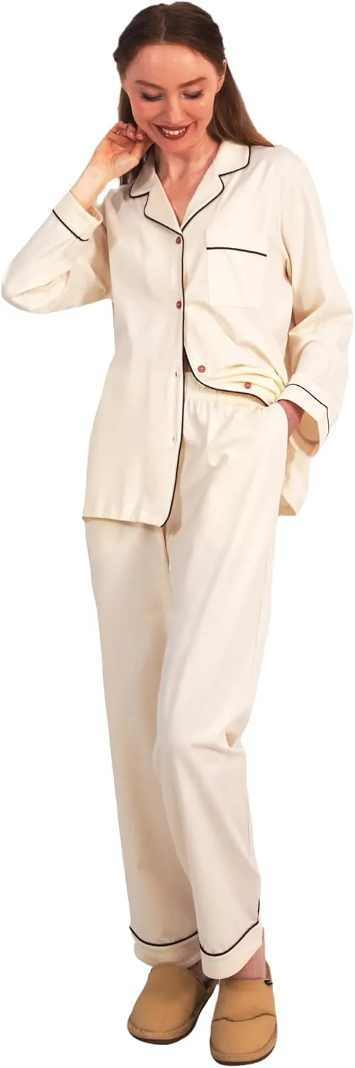 Womens Pajamas Sets Cotton 2 Piece PJs Lounge Sets Long Sleeve Button Down Notch Collar Soft Nightwear with Pockets