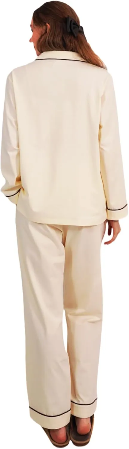 Womens Pajamas Sets Cotton 2 Piece PJs Lounge Sets Long Sleeve Button Down Notch Collar Soft Nightwear with Pockets