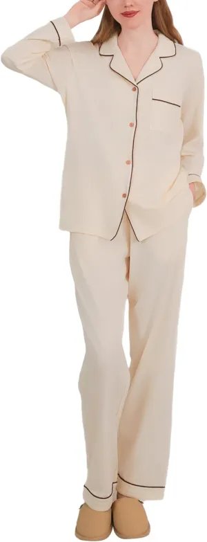 Womens Pajamas Sets Cotton 2 Piece PJs Lounge Sets Long Sleeve Button Down Notch Collar Soft Nightwear with Pockets