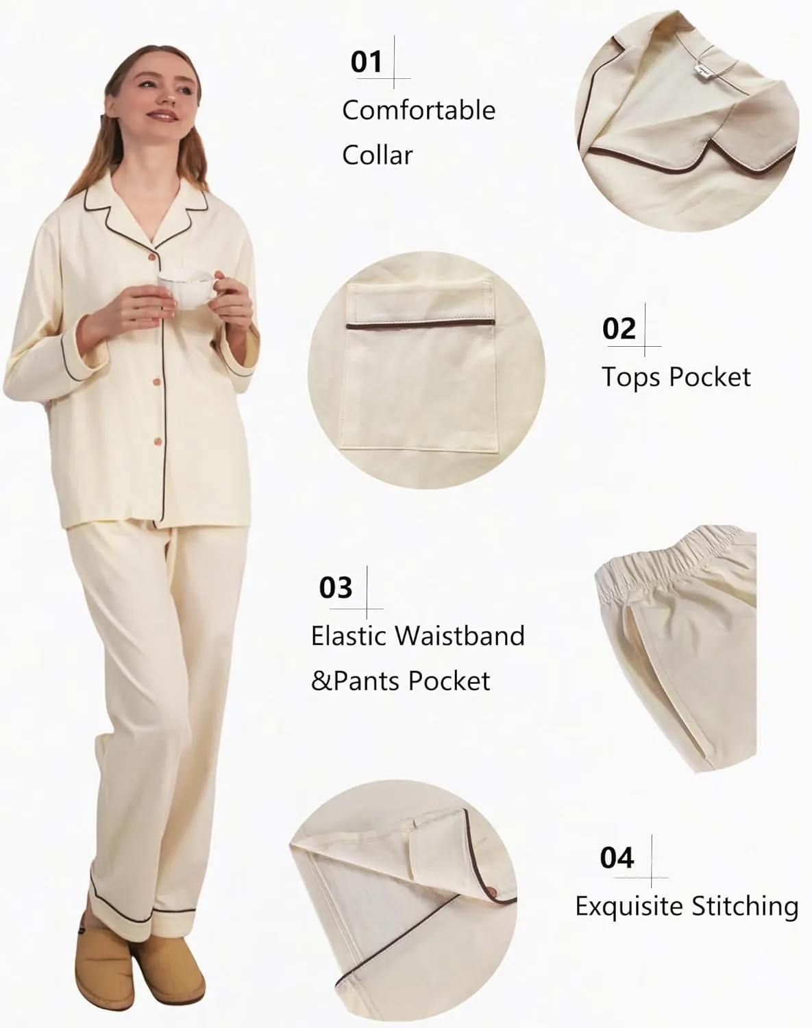 Womens Pajamas Sets Cotton 2 Piece PJs Lounge Sets Long Sleeve Button Down Notch Collar Soft Nightwear with Pockets