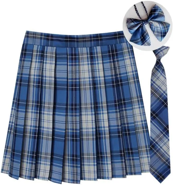 Women's Plaid Pleated Skirt Vintage High Waisted Uniform Preppy A-line Mini Skirts Fashion Short Skirt with Ties