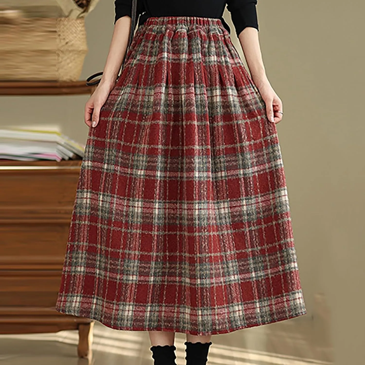 Womens Plaid Wool Skirts Elastic High Waisted A-Line Pleated Tartan Long Skirts