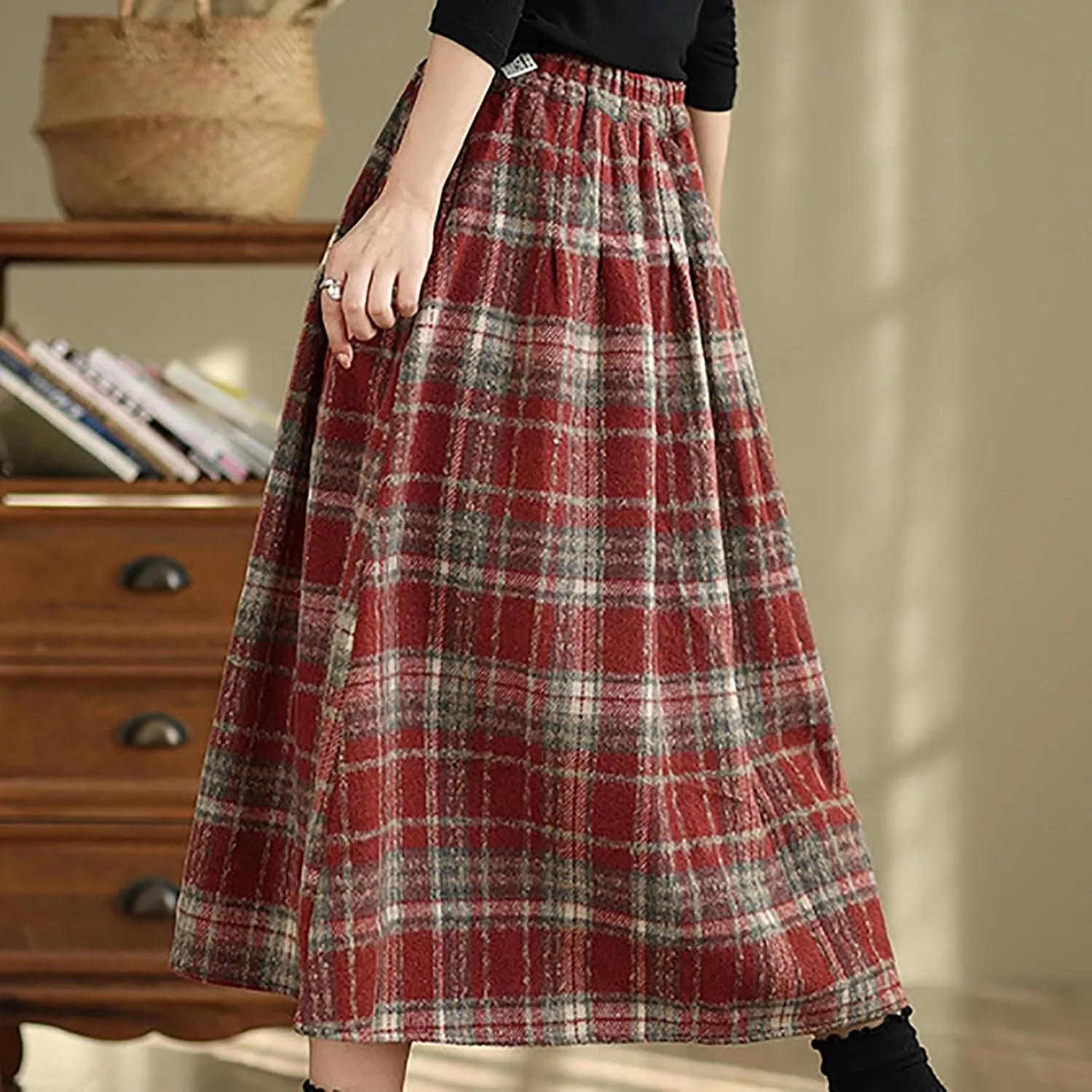 Womens Plaid Wool Skirts Elastic High Waisted A-Line Pleated Tartan Long Skirts