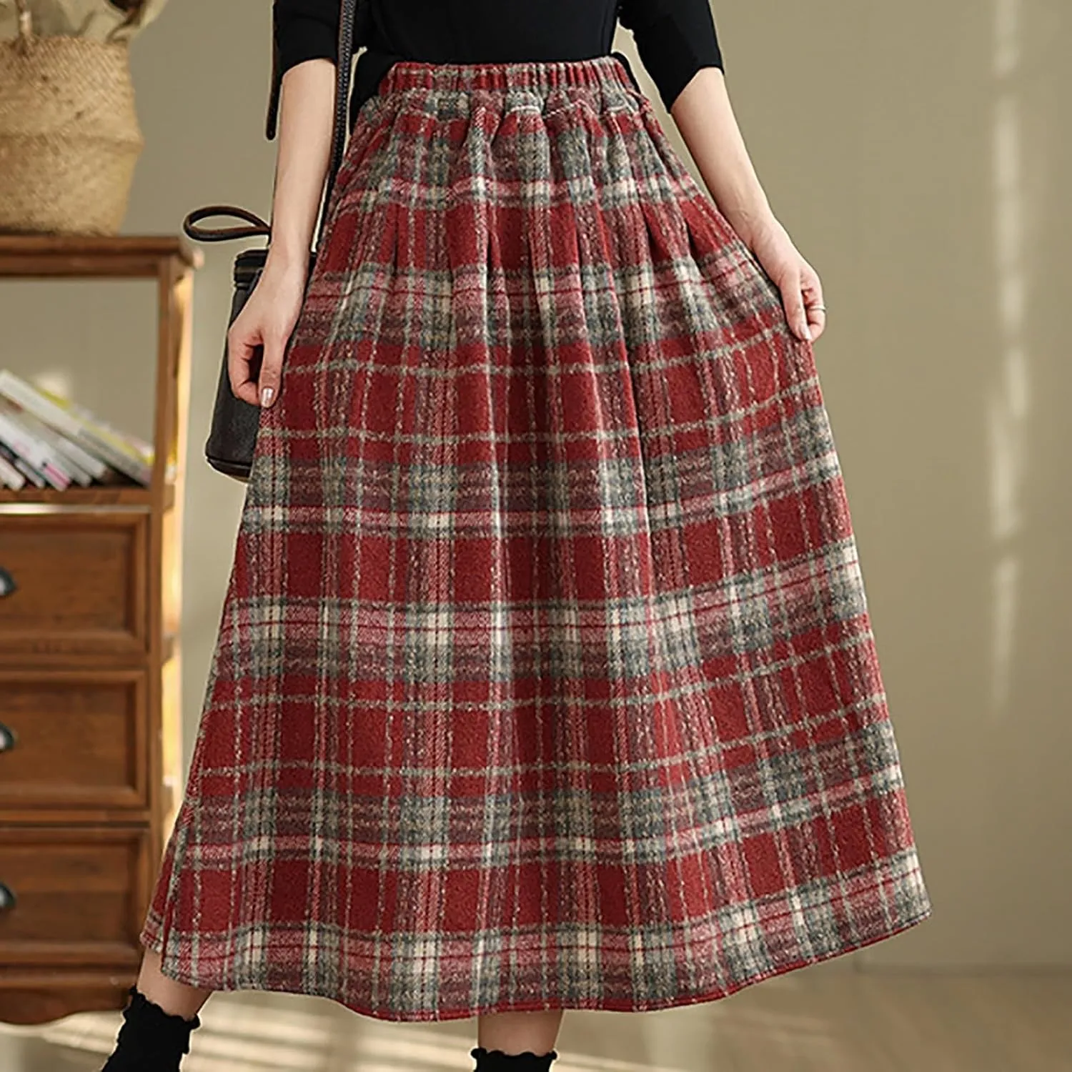 Womens Plaid Wool Skirts Elastic High Waisted A-Line Pleated Tartan Long Skirts