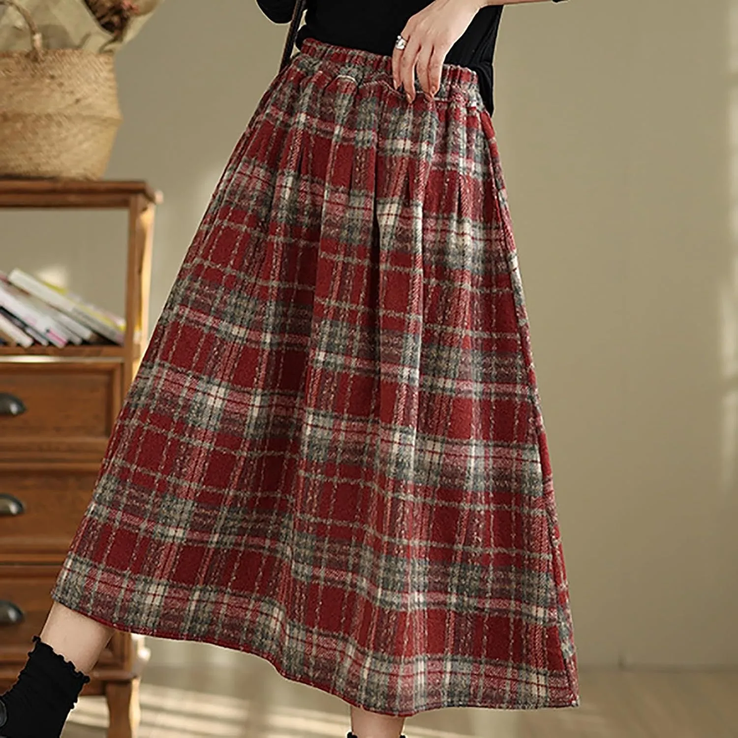 Womens Plaid Wool Skirts Elastic High Waisted A-Line Pleated Tartan Long Skirts