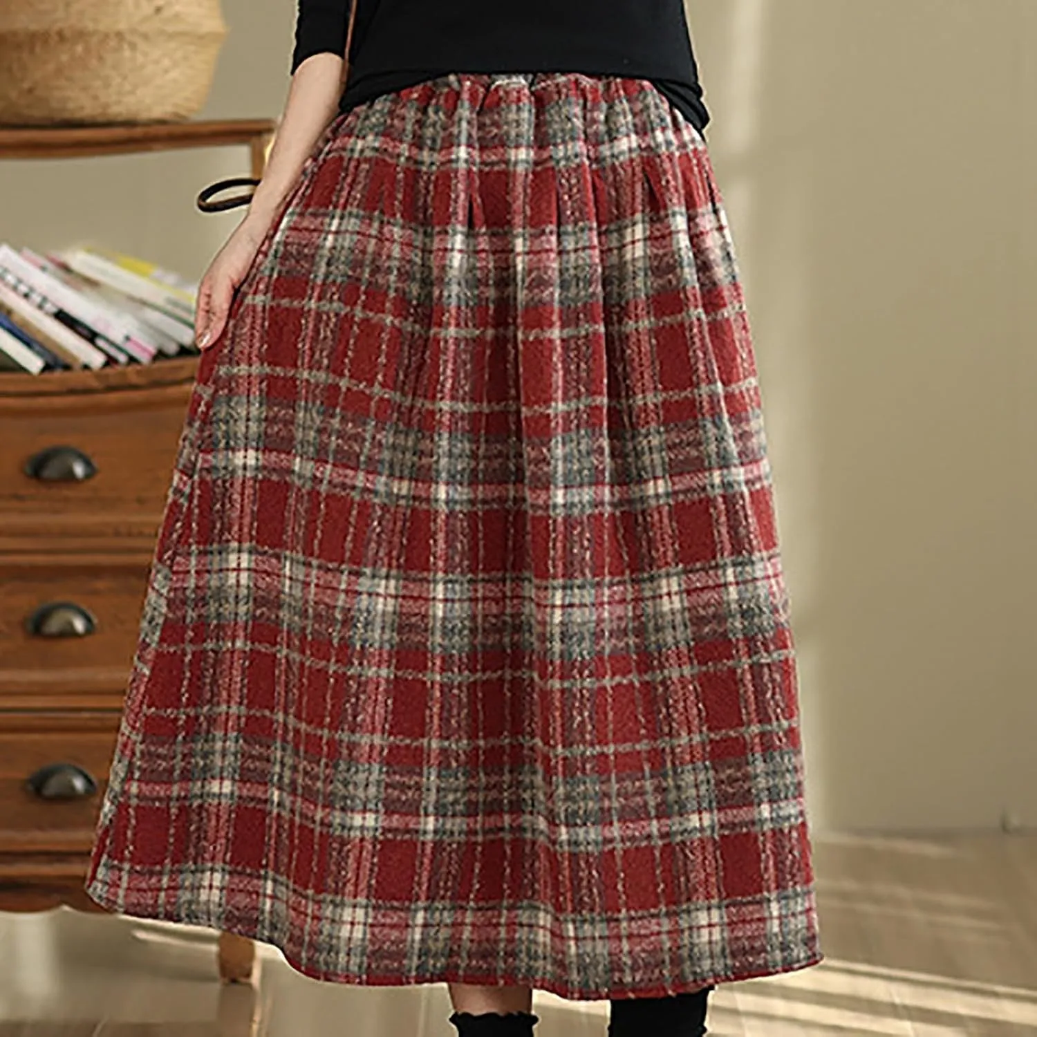 Womens Plaid Wool Skirts Elastic High Waisted A-Line Pleated Tartan Long Skirts