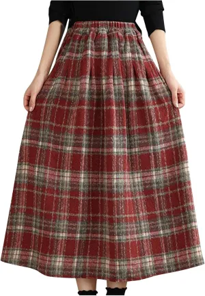 Womens Plaid Wool Skirts Elastic High Waisted A-Line Pleated Tartan Long Skirts