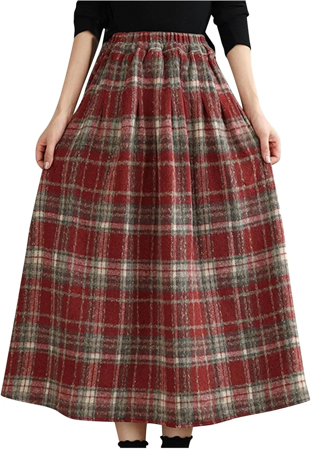 Womens Plaid Wool Skirts Elastic High Waisted A-Line Pleated Tartan Long Skirts