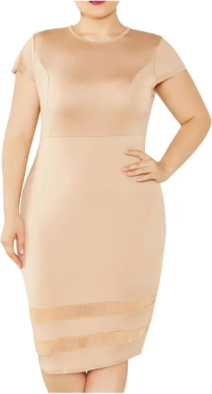 Women's Plus Size Pencil Midi Dress, Short Sleeve Crewneck Slim Fit Cocktail Party Dresses Solid Comfy Trendy Clothes