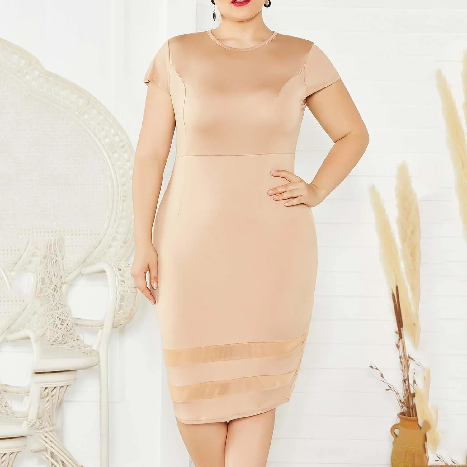 Women's Plus Size Pencil Midi Dress, Short Sleeve Crewneck Slim Fit Cocktail Party Dresses Solid Comfy Trendy Clothes