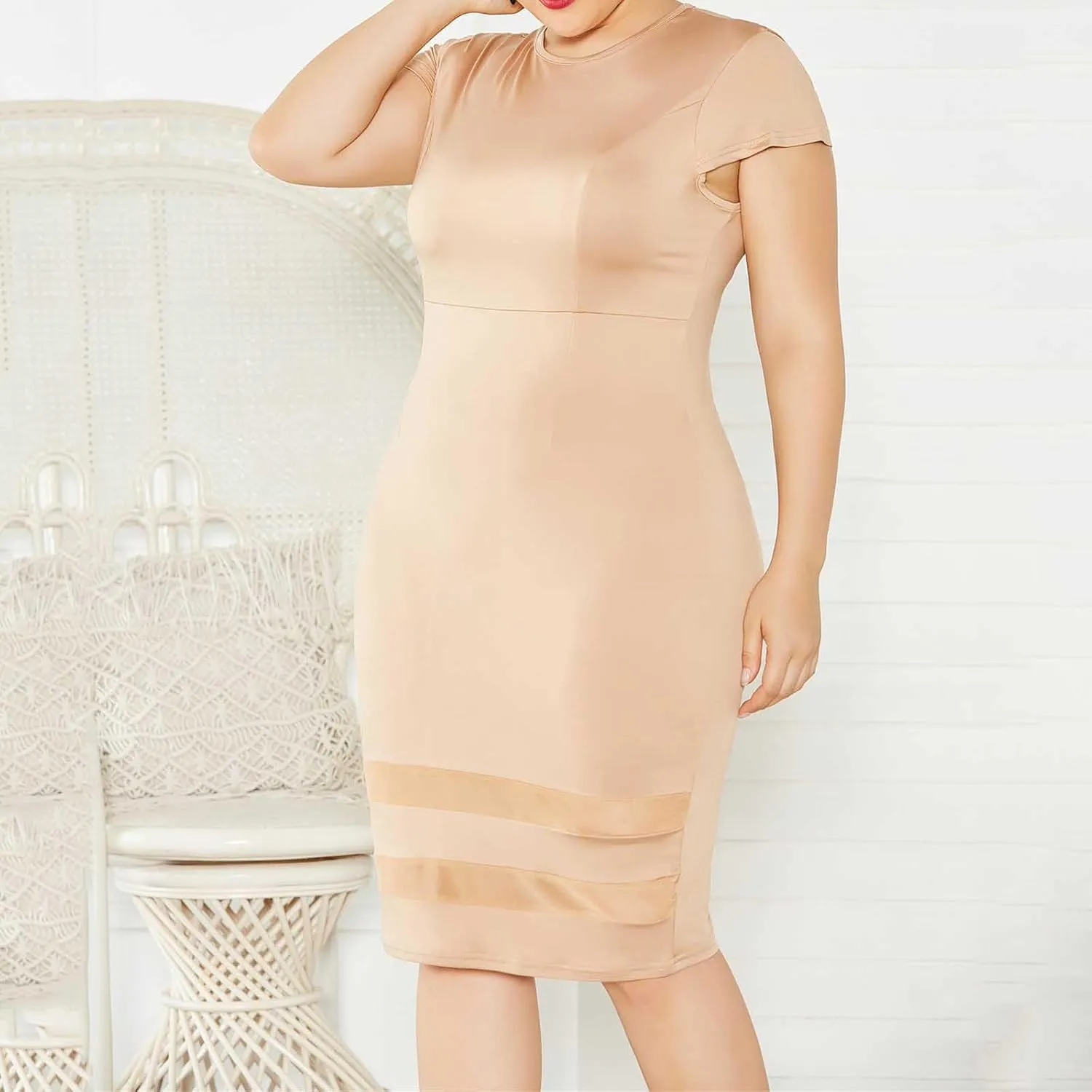 Women's Plus Size Pencil Midi Dress, Short Sleeve Crewneck Slim Fit Cocktail Party Dresses Solid Comfy Trendy Clothes