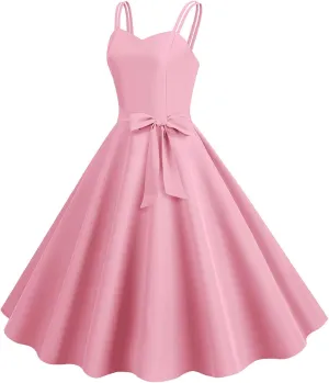 Women's Rockabilly Dresses 50's Vintage Spaghetti Strap Sleeveless Solid Prom Cocktail Swing Midi Dress