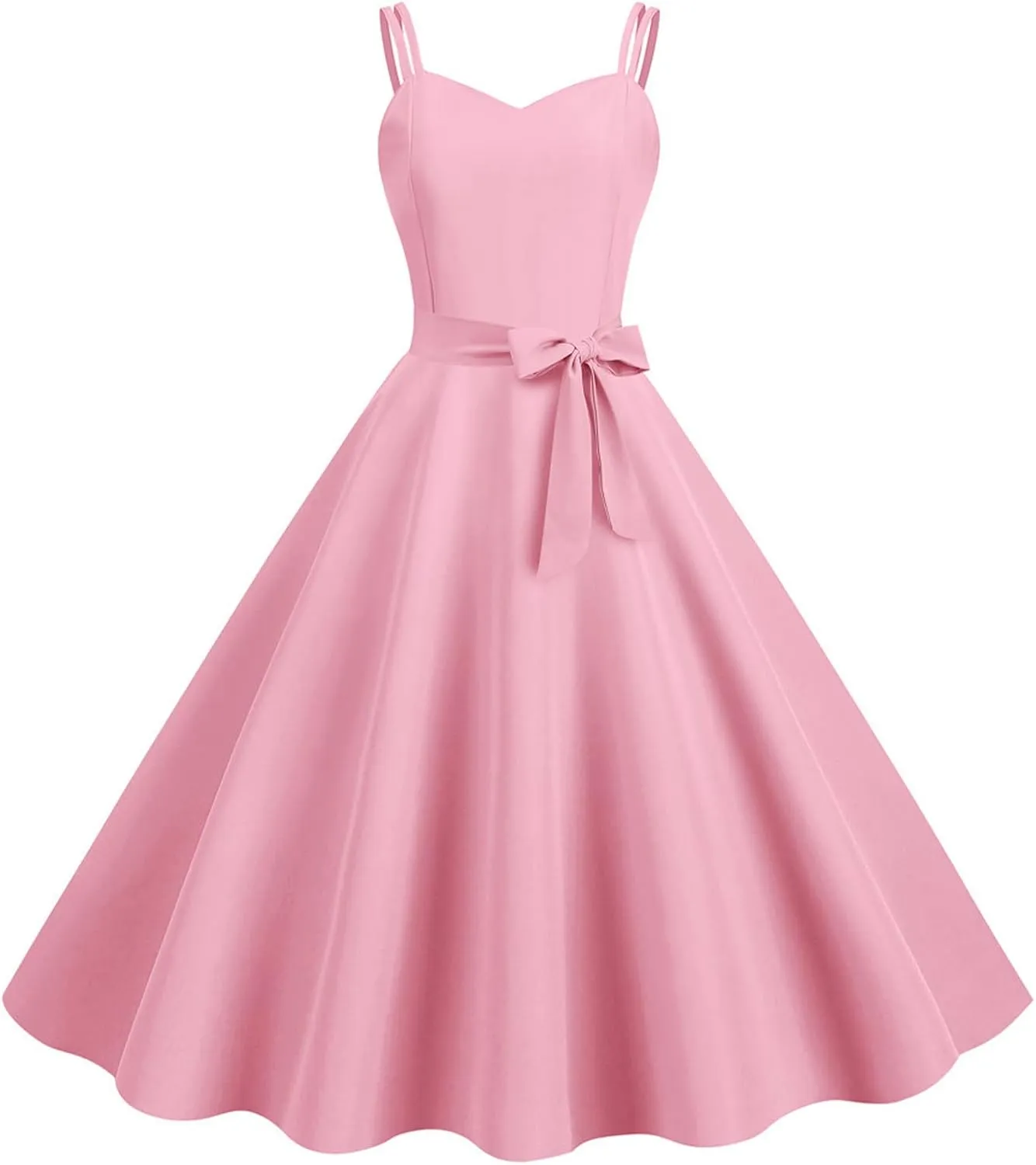 Women's Rockabilly Dresses 50's Vintage Spaghetti Strap Sleeveless Solid Prom Cocktail Swing Midi Dress