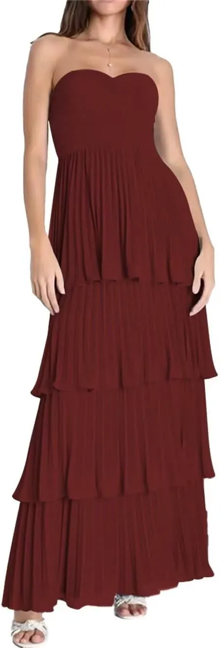 Women's Ruffles Bridesmiad Dresses Tiered Strapless Chiffon Prom Dress Long Formal Evening Gown