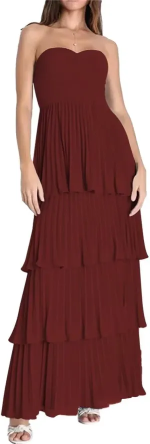 Women's Ruffles Bridesmiad Dresses Tiered Strapless Chiffon Prom Dress Long Formal Evening Gown