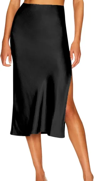 Womens Satin Skirts Casual Silk Midi Skirt High Waisted Long Skirts Elegant Work Skirts Midi Dress for Women