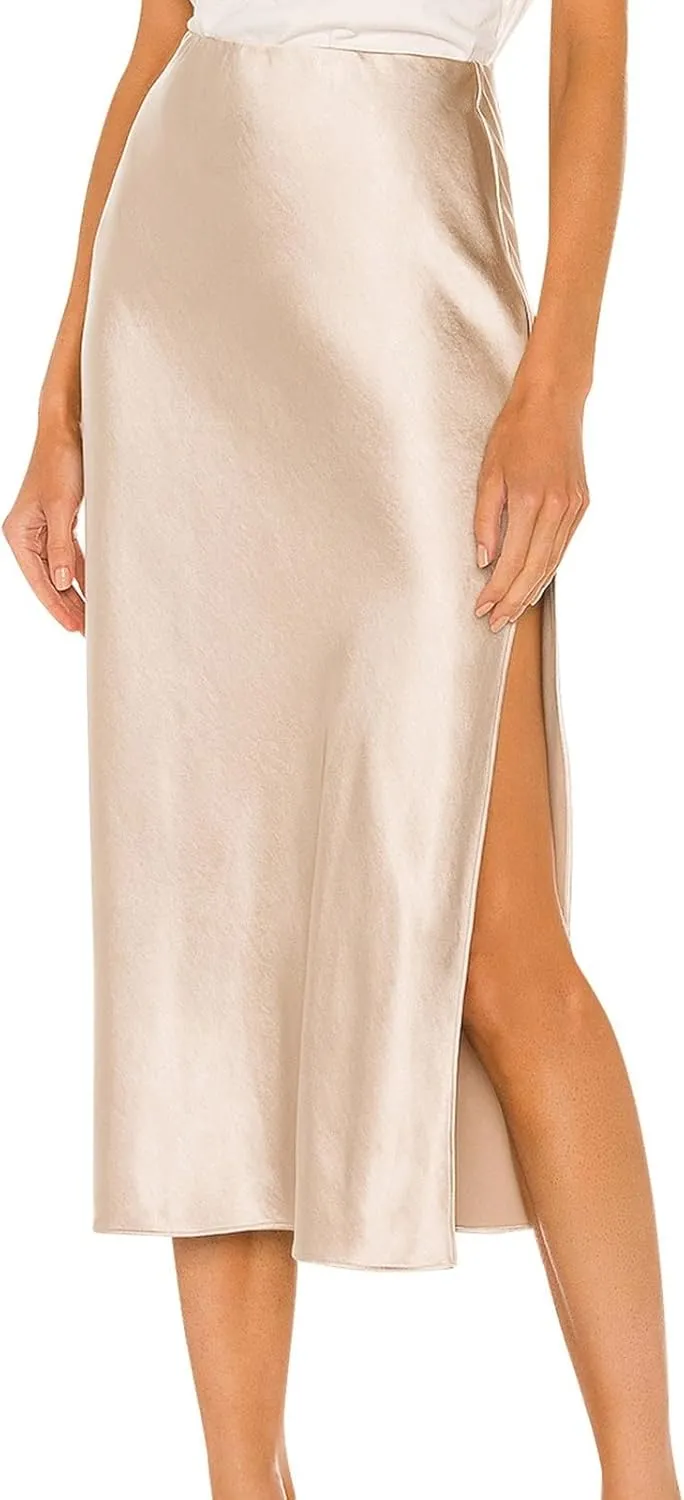 Womens Satin Skirts Casual Silk Midi Skirt High Waisted Long Skirts Elegant Work Skirts Midi Dress for Women