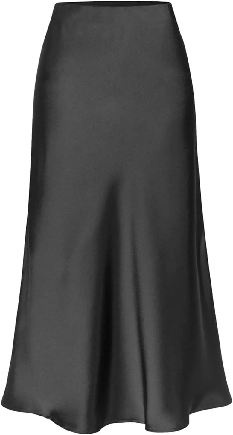 Womens Satin Skirts Casual Silk Midi Skirt High Waisted Long Skirts Elegant Work Skirts Midi Dress for Women