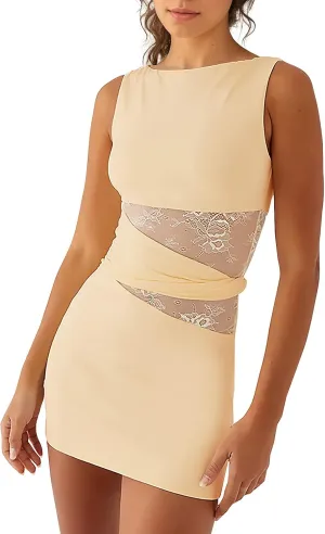 Women's Sexy Bodycon Mini Dress Sleeveless Slim Fit Cut Out Lace Waist Short Dresses Club Party Casual Going Out Clothes
