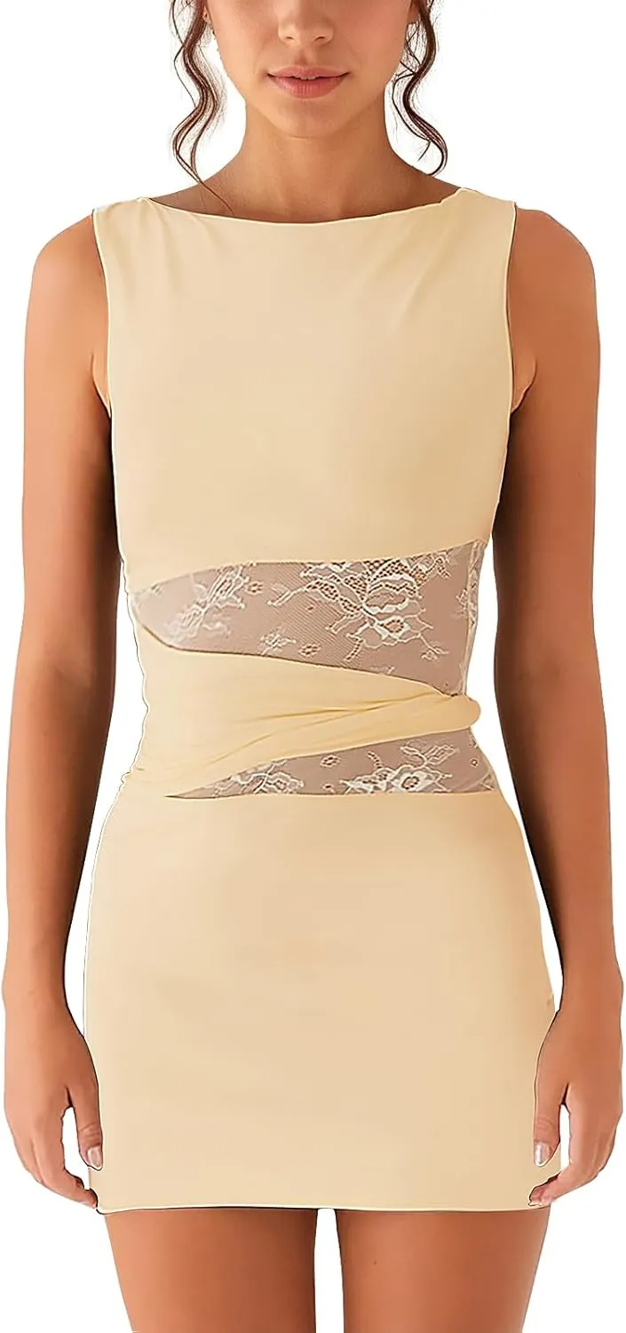Women's Sexy Bodycon Mini Dress Sleeveless Slim Fit Cut Out Lace Waist Short Dresses Club Party Casual Going Out Clothes