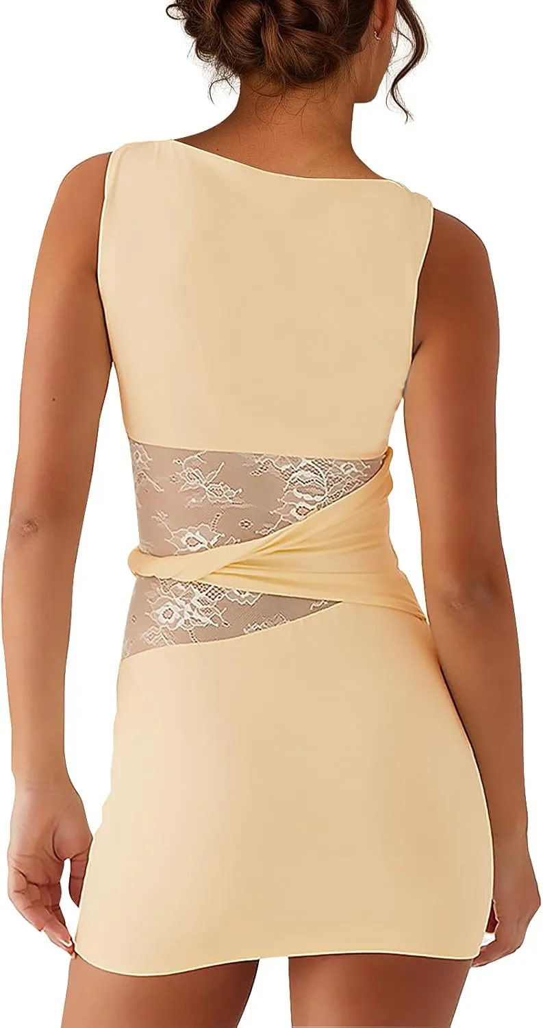 Women's Sexy Bodycon Mini Dress Sleeveless Slim Fit Cut Out Lace Waist Short Dresses Club Party Casual Going Out Clothes