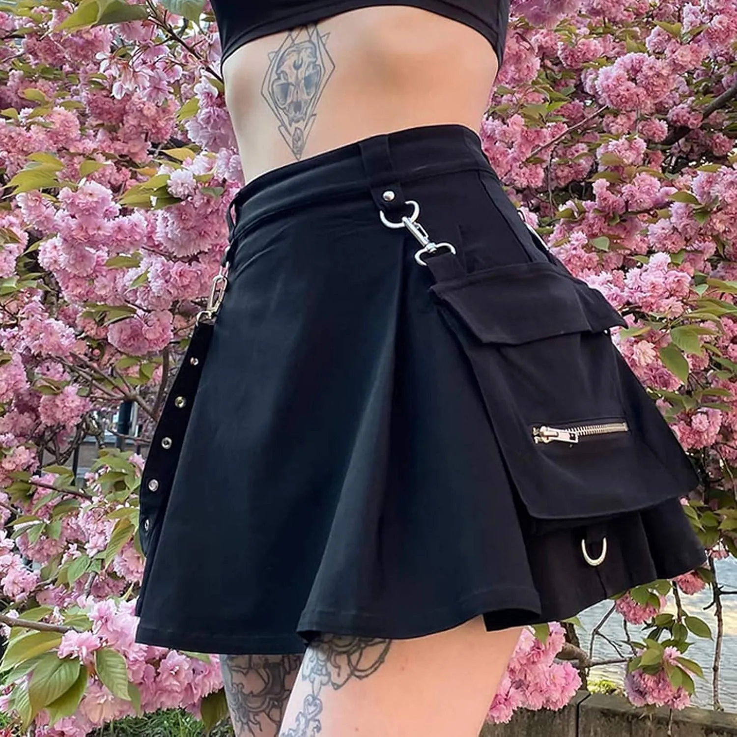 Women's Sexy Mini Skirts High Waist Cargo Skirt Belt Irregular Punk Gothic Style A-line Bed Skirt for Women's