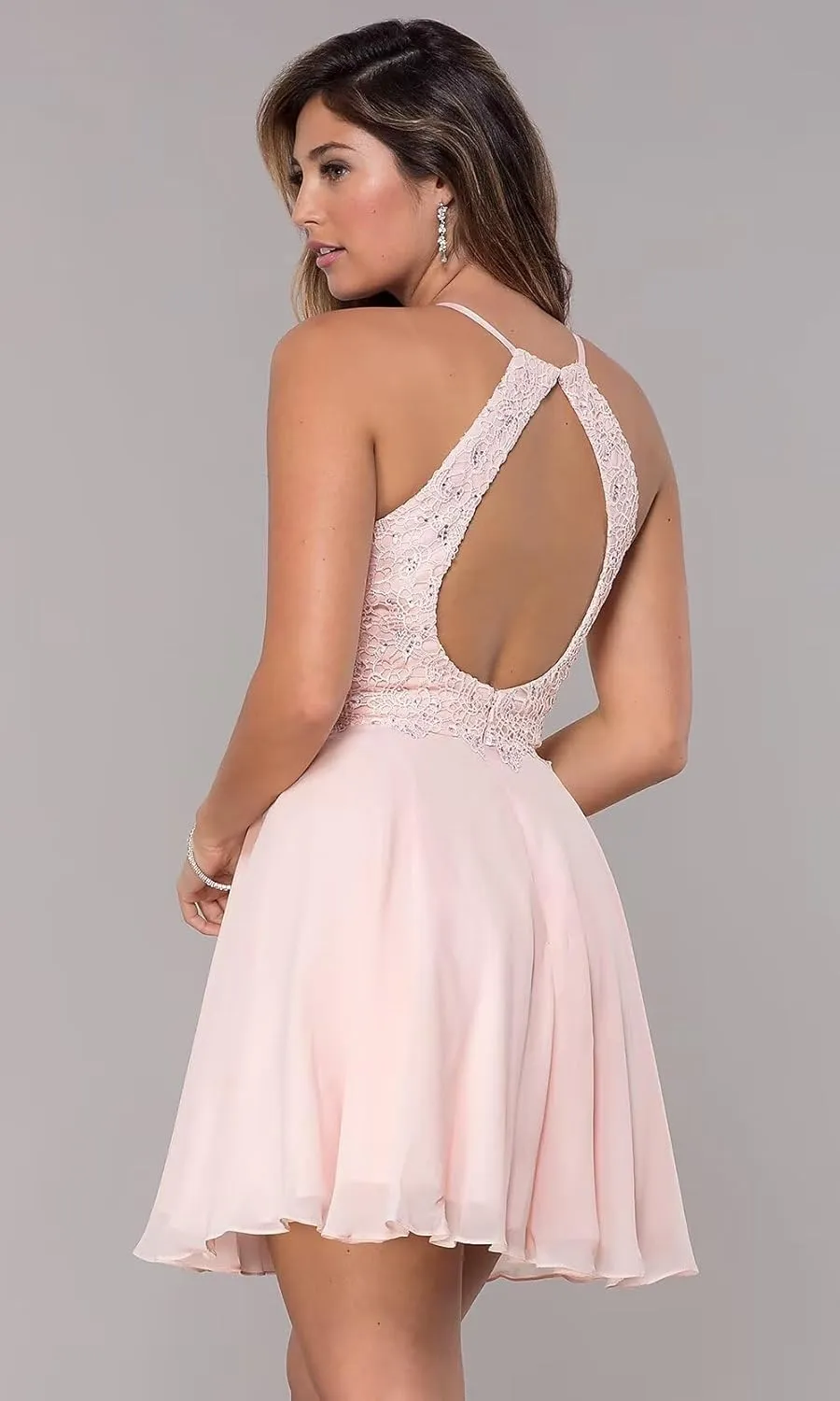 Women's Short Lace Homecoming Dress Knee Length Halter Prom Dresses for Teens Graduation Party Gown