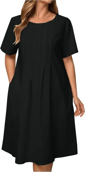 Women's Short Sleeve Swing Midi Dress Flowy Crewneck Plus Size Casual Loose Beach Vacation Dailywear T-Shirt Dress