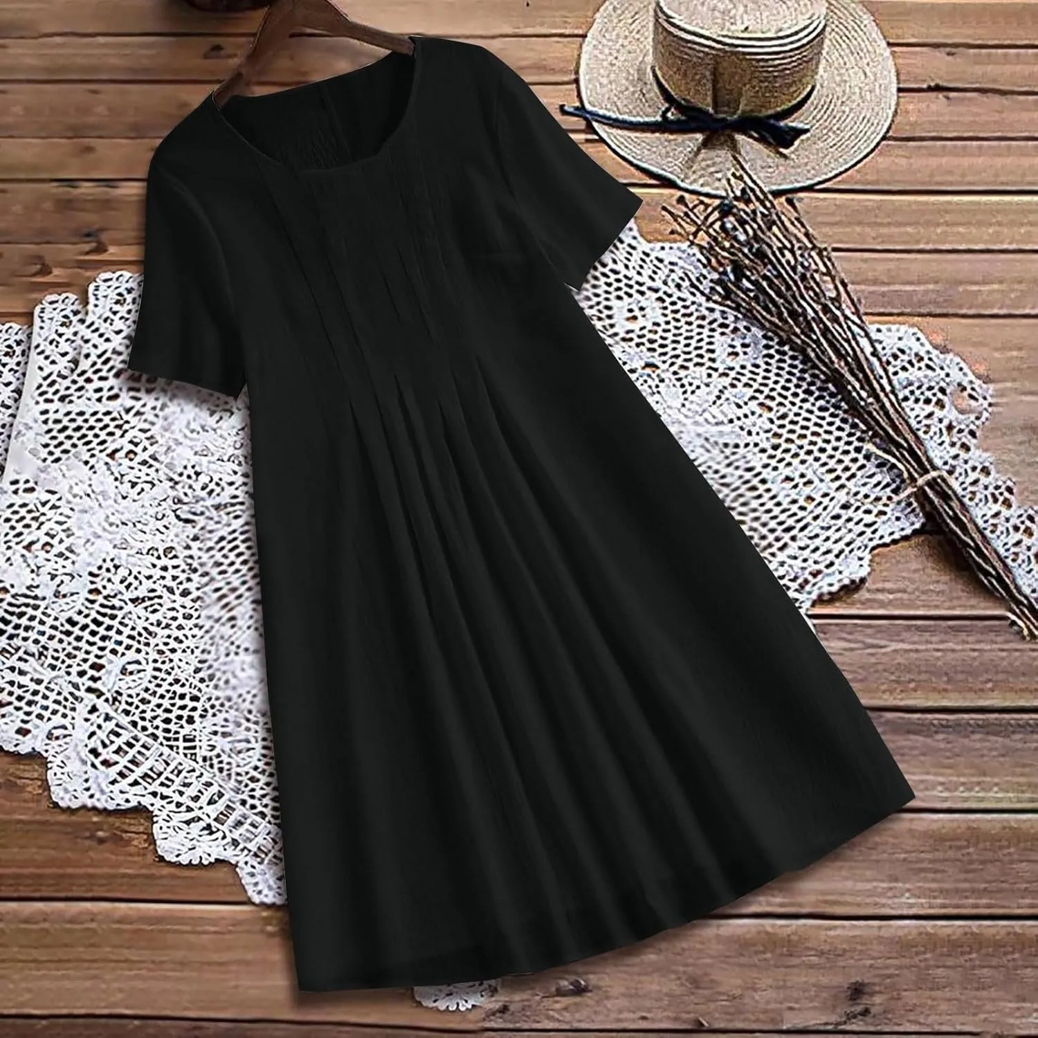 Women's Short Sleeve Swing Midi Dress Flowy Crewneck Plus Size Casual Loose Beach Vacation Dailywear T-Shirt Dress